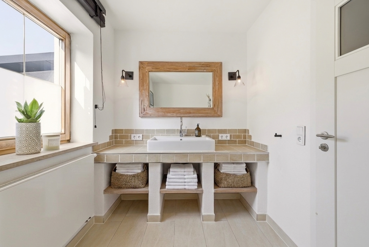 Badezimmer mit gefliestem Waschtisch und Holzspiegel